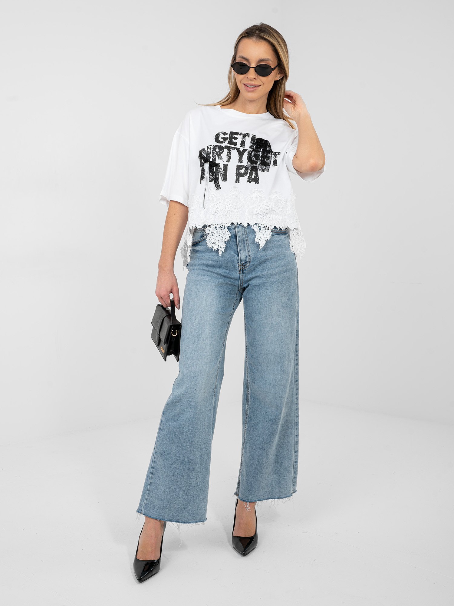 Blusa oversize con estampado y detalles de encaje LIVA - blanco