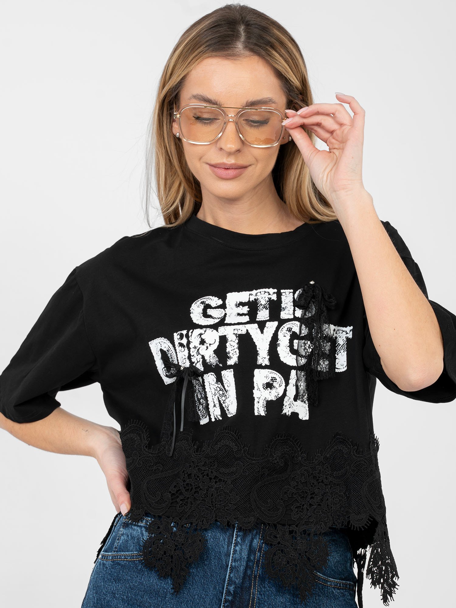 Blusa oversize con estampado y detalles de encaje LIVA - negro - Imagen 5