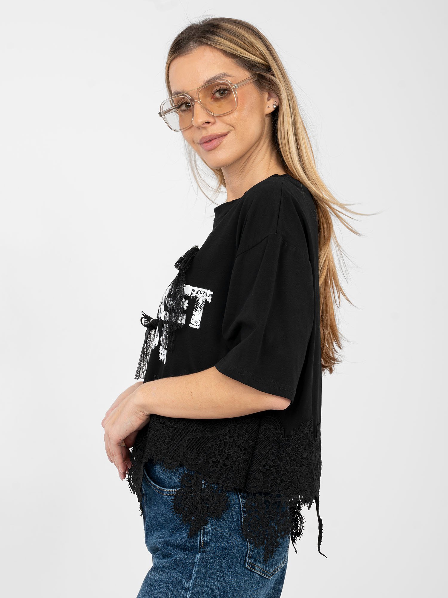 Blusa oversize con estampado y detalles de encaje LIVA - negro - Imagen 3