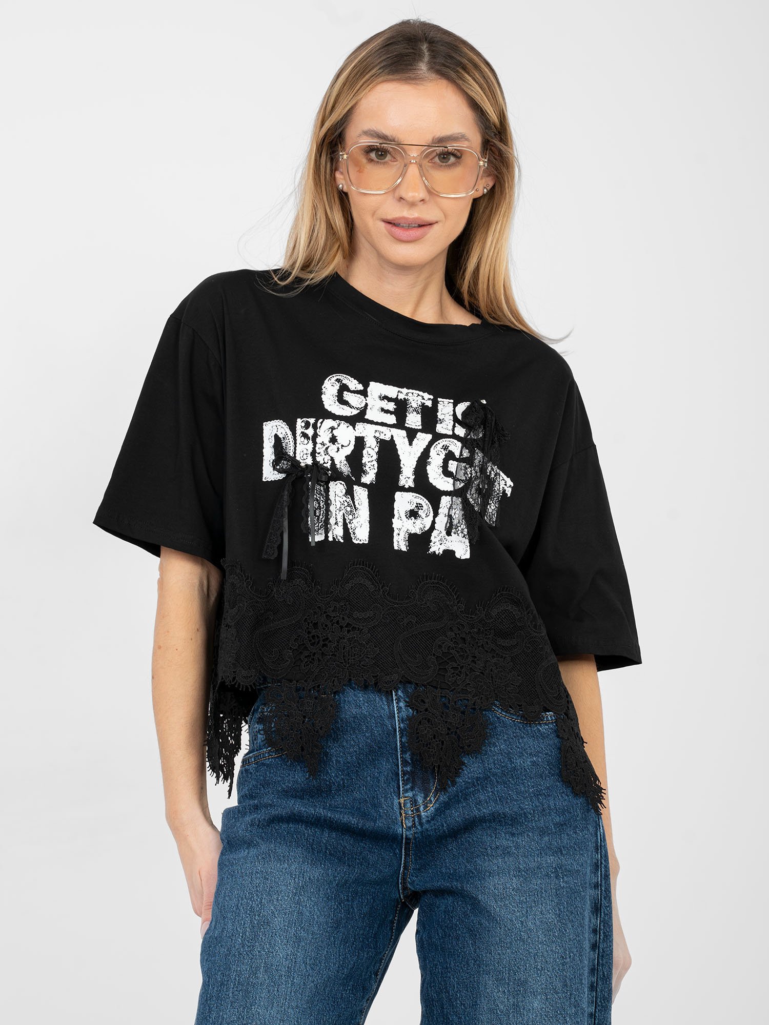 Blusa oversize con estampado y detalles de encaje LIVA - negro - Imagen 2