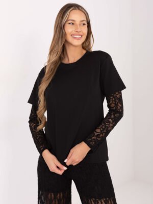 Blusa casual con mangas largas de encaje Odelia – negro