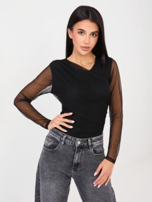 Body de diseño superpuesto con mangas de tul ARLETTE - negro