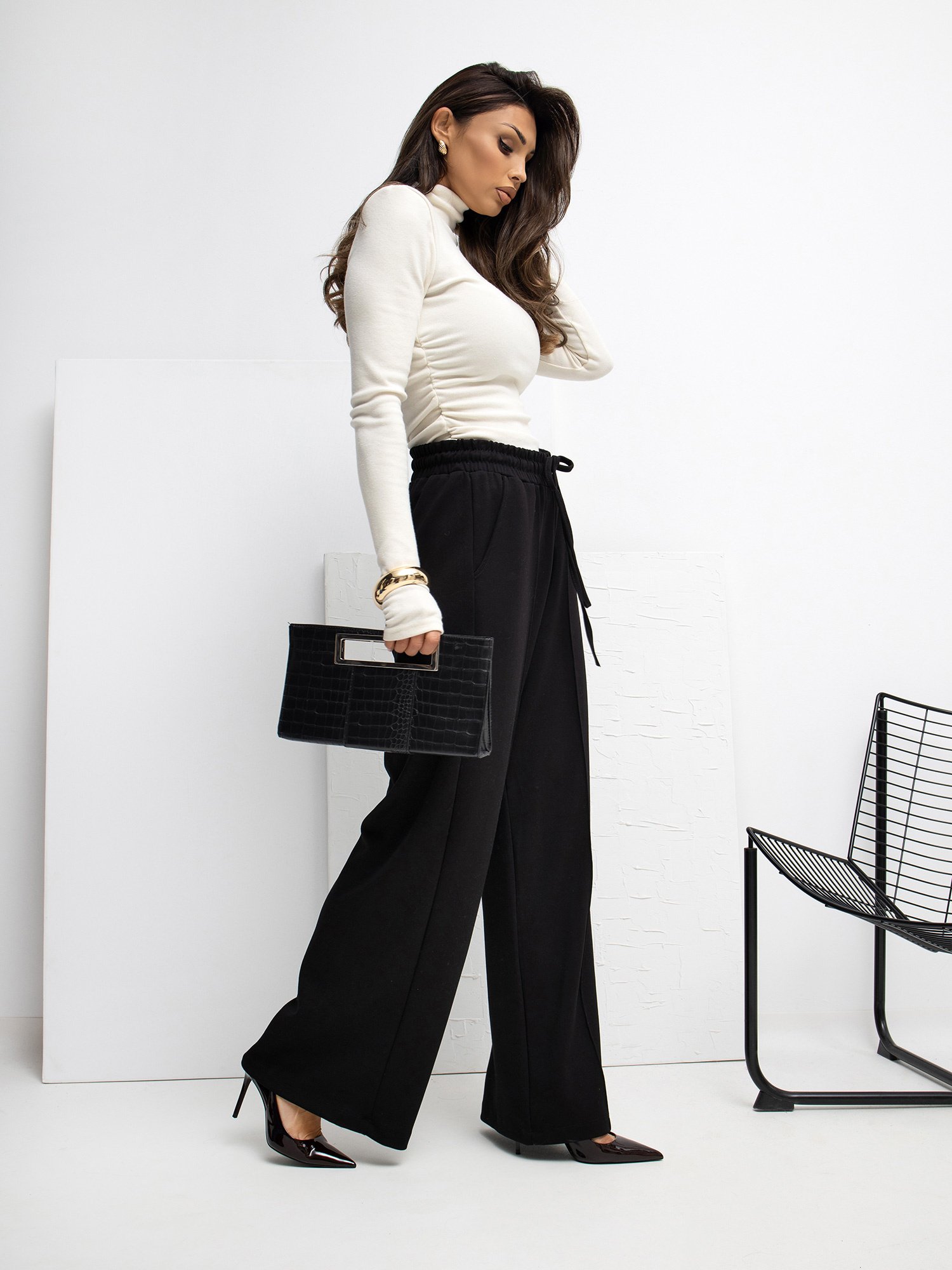 Pantalón palazzo de punto con bolsillos Miley – negro - Imagen 4