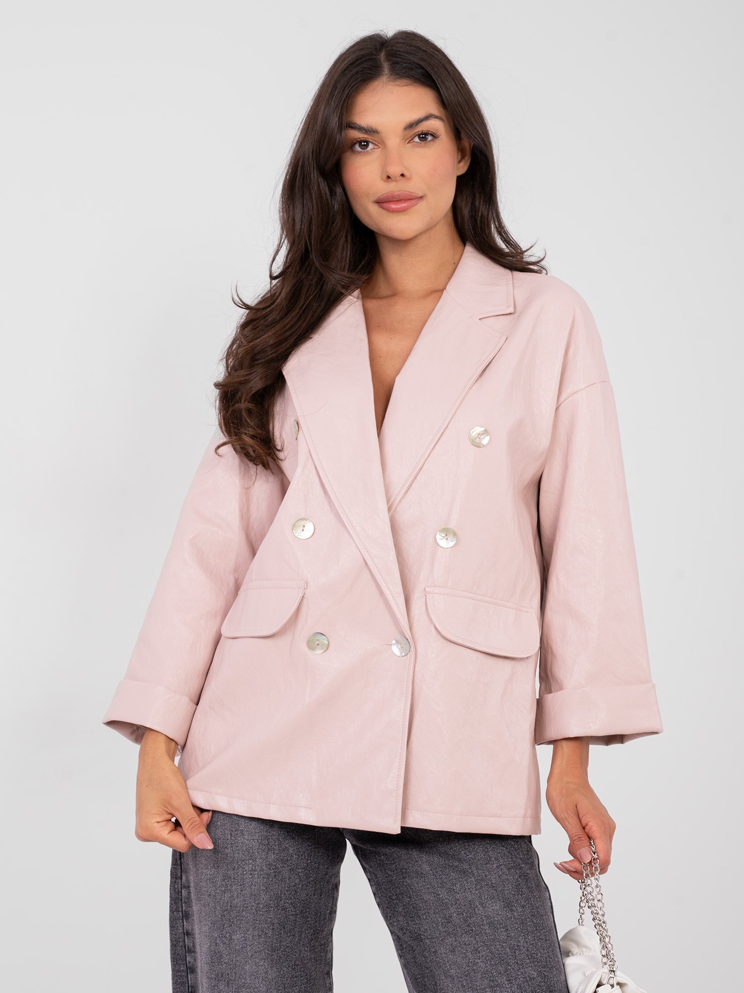 Blazer elegante de piel sintética con manga 3/4 Mersi – rosa claro