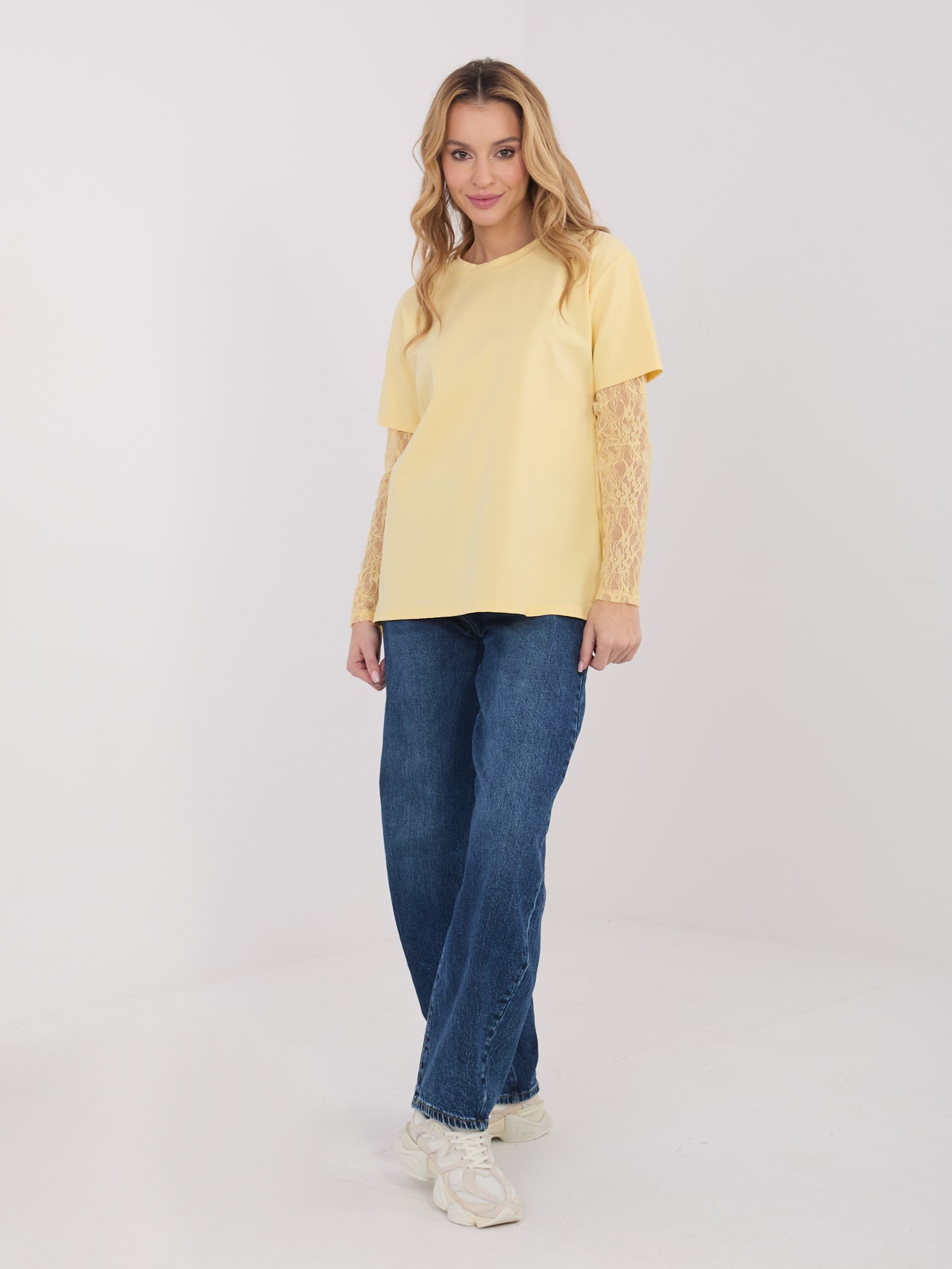 Blusa casual con mangas largas de encaje Odelia – amarillo claro - Imagen 3