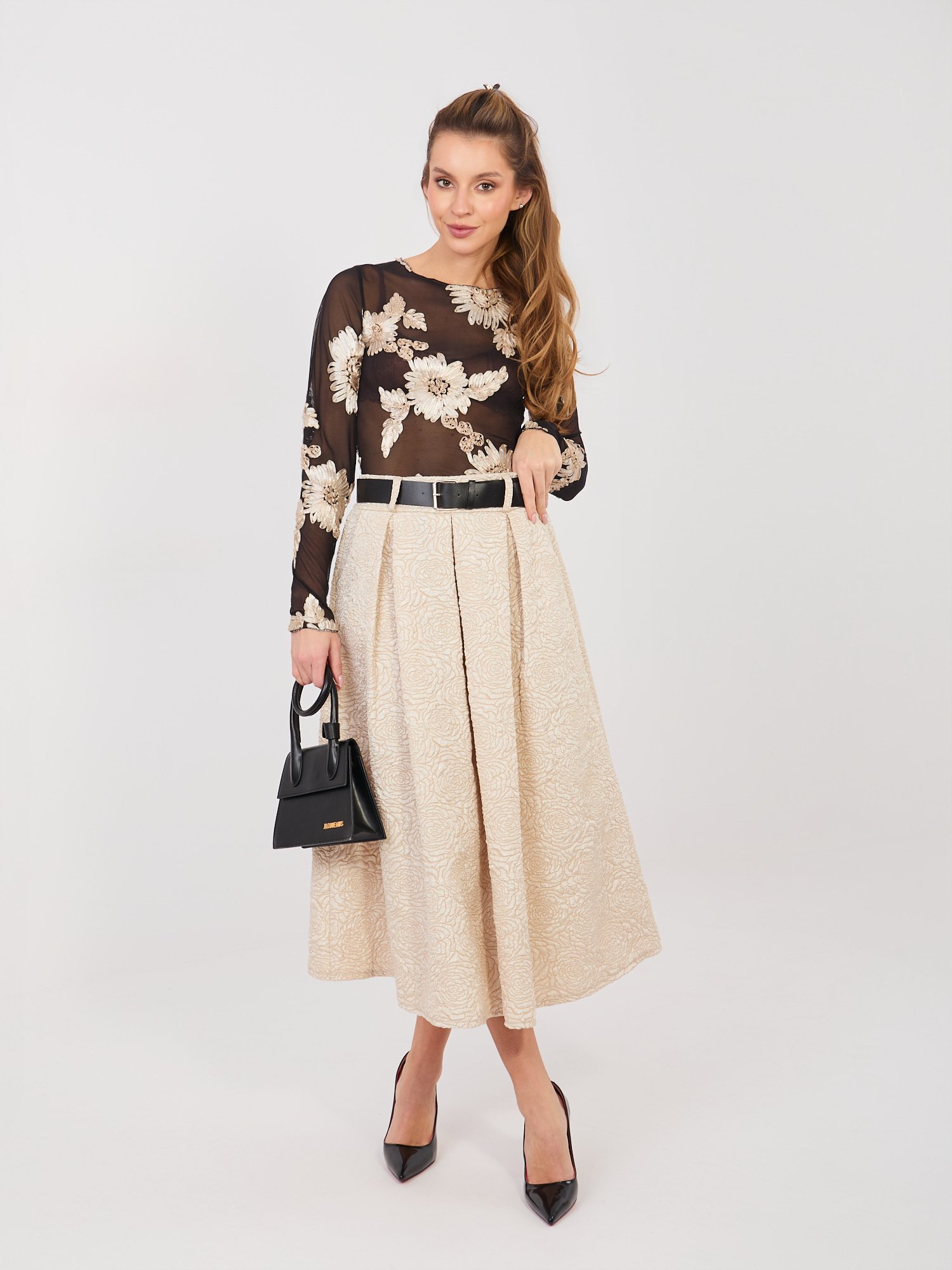 Falda midi de tejido texturizado con cinturón MARISSA - beige