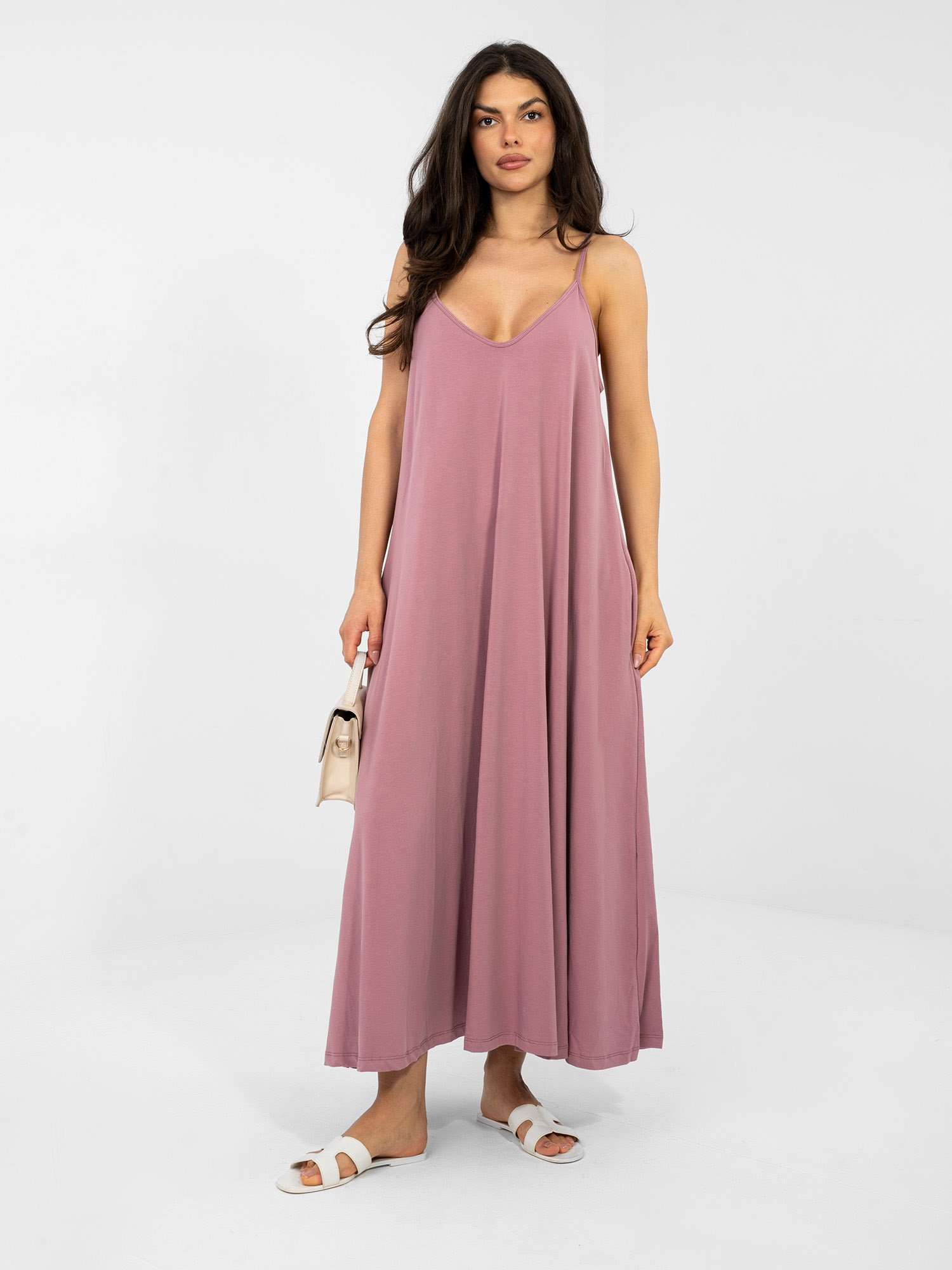 Vestido largo de tirantes de algodón Laura - rosa empolvado - Imagen 4