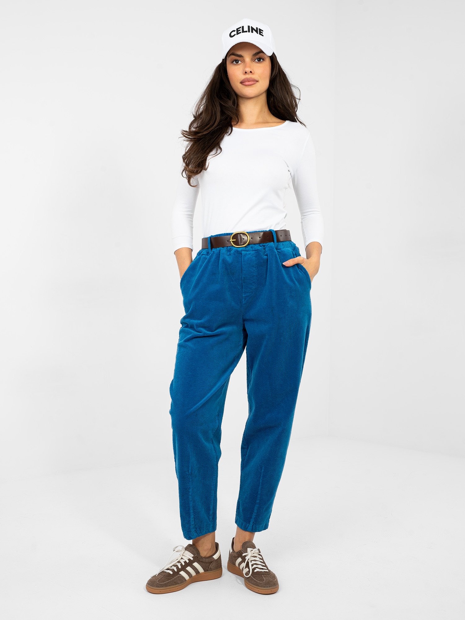 Pantalones cropped de pana con cinturón BROOKE - azul - Imagen 3