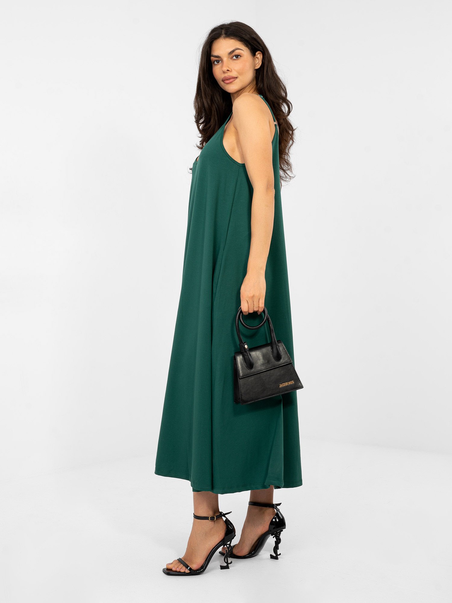 Vestido largo de tirantes de algodón Laura - verde botella - Imagen 5