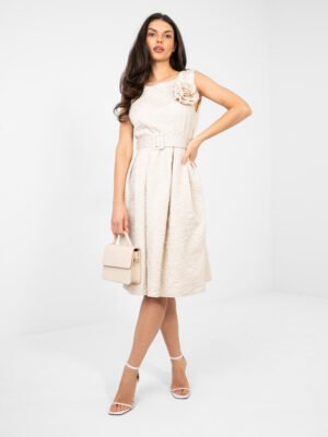 Vestido elegante con detalle floral y cinturón AMY - beige claro