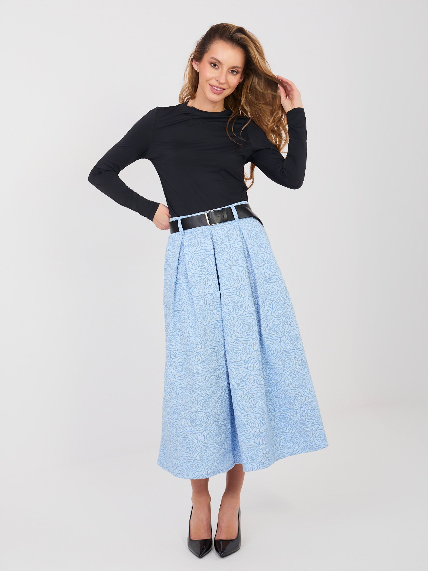 Falda midi de tejido texturizado con cinturón MARISSA - azul claro