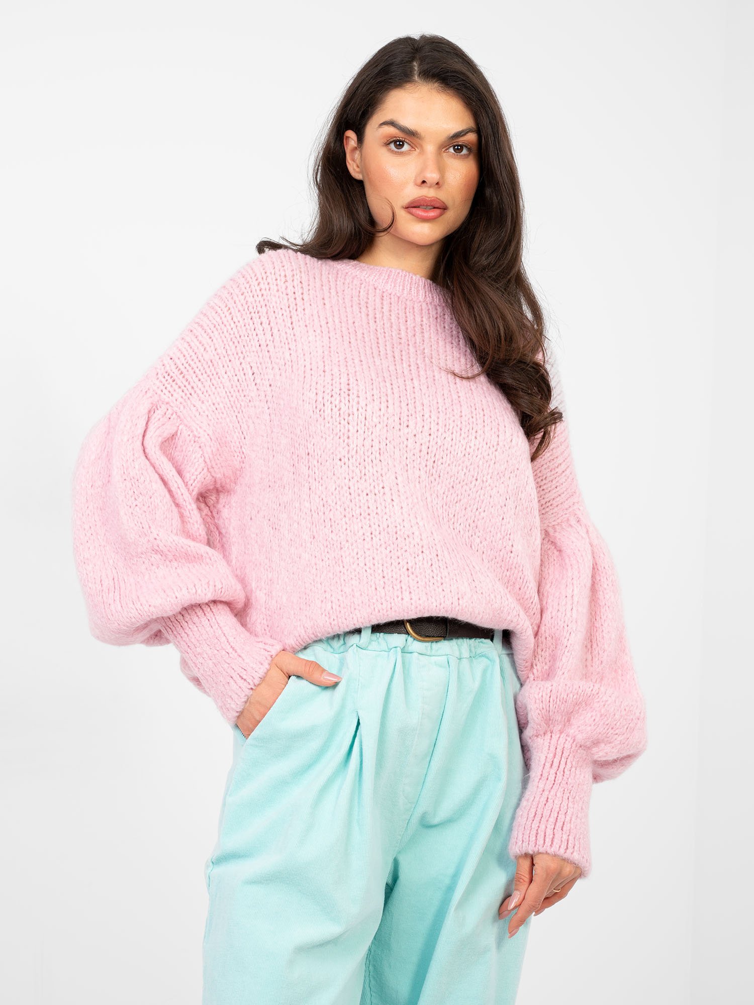 Oversize jersey con lana y mangas abullonadas RIA - rosa claro - Imagen 3