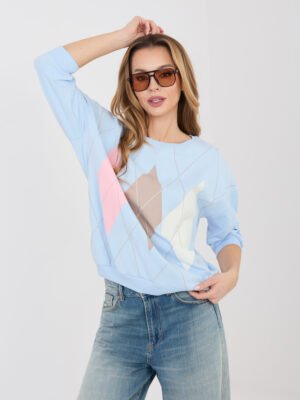 Blusa de algodón con estampado de rombos y mangas 3/4 LINNA azul claro