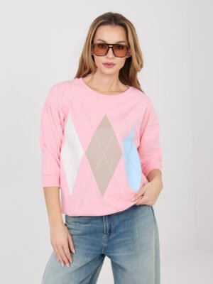 Blusa de algodón con estampado de rombos y mangas 3/4 LINNA rosa claro